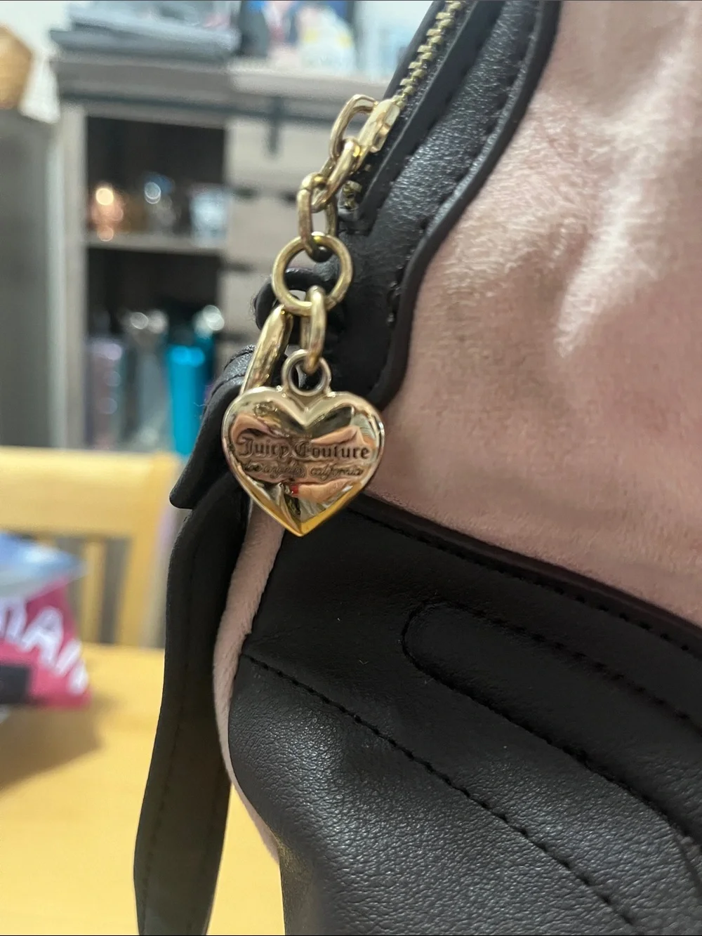 Juicy Couture Pink Suede & Black Leather Heart Charm Satchel